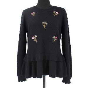 Kate Spade Black Sweater Floral Embroidered Pom Pom Sleeve Ruffle Peplum Hem S/M
